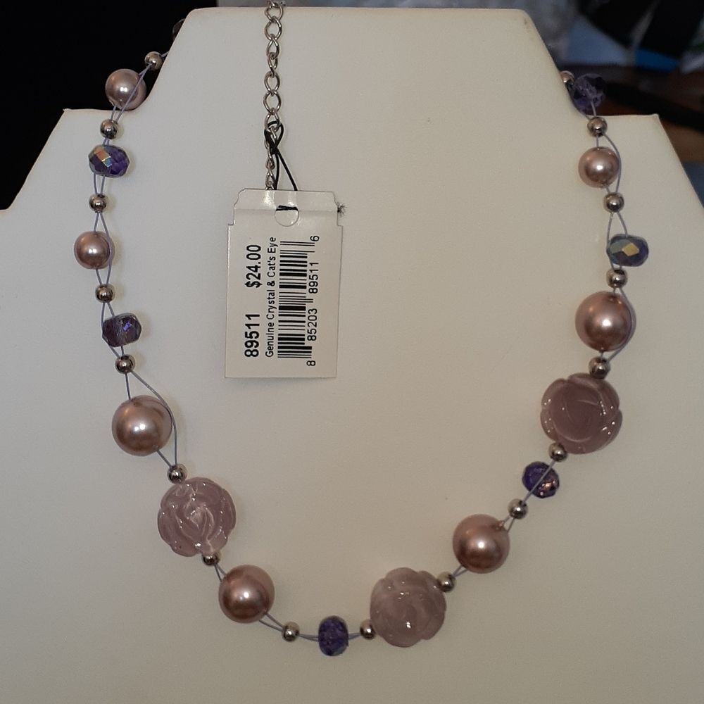Elegant Pearl and Crystal Necklace with Rose Carved Beads Purple Accents